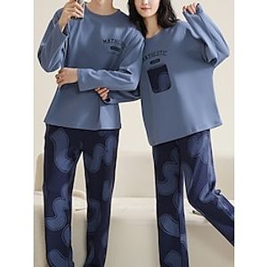 Couple's Pajamas Sleepwear Graphic Casual Weekend Blue Print Long Sleeve Daily Round Neck Regular Fit Spring   Fall Lightinthebox