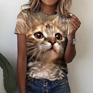 Women's T shirt Tee Brown Cat 3D Print Short Sleeve Casual Weekend Basic Round Neck Regular 3D Cat Painting S Lightinthebox