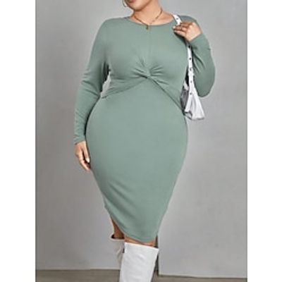 Women's Plus Size Curve Casual Dress Winter Dress Bodycon Solid Color Midi Dress Long Sleeve Ruched Crew Neck Fashion Outdoor Green Fall Winter XL XXL 3XL Lightinthebox