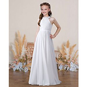 A-Line Floor Length Junior Bridesmaid Dress Party Chiffon Sleeveless Jewel Neck with Pleats miniinthebox