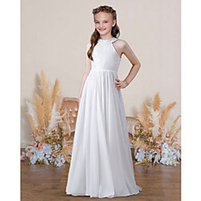 A-Line Floor Length Junior Bridesmaid Dress Party Chiffon Sleeveless Jewel Neck with Pleats miniinthebox