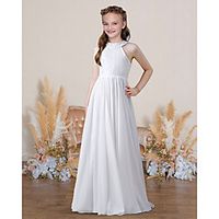 A-Line Floor Length Junior Bridesmaid Dress Party Chiffon Sleeveless Jewel Neck with Pleats miniinthebox - thumbnail