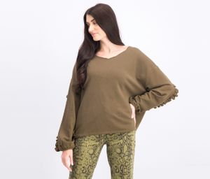 Womens Frill Detail Sleeve Sweatshirt  Dark Khaki/Olive