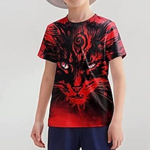 Kids Boys T shirt Short Sleeve 3D Print Cat Animal Crewneck Red Children Tops Spring Summer Active Fashion Daily Daily Outdoor Regular Fit 3-12 Years Lightinthebox