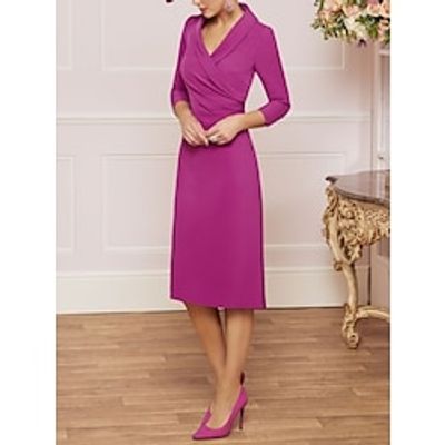 Sheath  Column Mother of the Bride Dress Wedding Guest Elegant Petite V Neck Knee Length Satin 34 Length Sleeve with Ruching Solid Color 2023 Lightinthebox