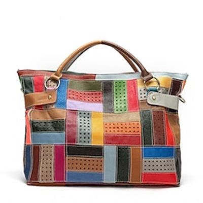 Women's Handbag Tote Hobo Bag Diaper Bag Tote Cowhide Office Daily Zipper Geometric Color Block Rainbow Lightinthebox