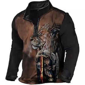 Men's Zip Up Sweatshirt Pullover Half Zip Lion Graphic Prints Zipper Print Daily Sports 3D Print Designer Casual Big and Tall Clothing Apparel Knight Hoodies Sweatshirts  Long Sleeve Brown miniinthebox