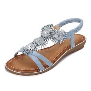 Women's Sandals Boho Bohemia Beach Sparkly Sandals Rhinestone Flat Heel Round Toe Open Toe Elegant Casual Party Beach PU Leather Elastic Band Spring Summer Solid Colored Dark Brown Black Silver Lightinthebox