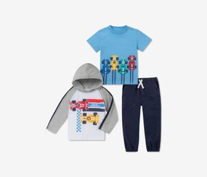 Big Boys 3 Piece Set Race-Car Hoodie  T-Shirt & Cotton Joggers  Grey/Blue Combo