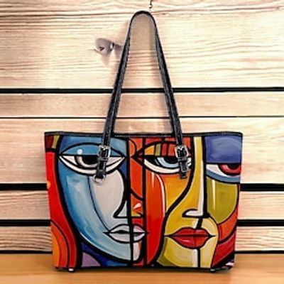 Women's Tote Shoulder Bag Hobo Bag PU Leather Shopping Daily Holiday Zipper Print Large Capacity Waterproof Abstract Art Yellow Red Blue Lightinthebox