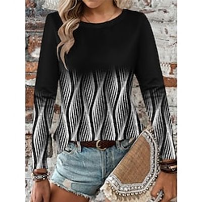 Women's T shirt Tee Geometric Daily Weekend Black Pink Wine Print Long Sleeve Fashion Round Neck Regular Fit Spring   Fall Lightinthebox