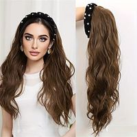 Headband Wig Synthetic Long Wave Headband Wigs For Women Wig With Pearl Headbands Attached Glueless BlackBrown Half Wig Lightinthebox - thumbnail