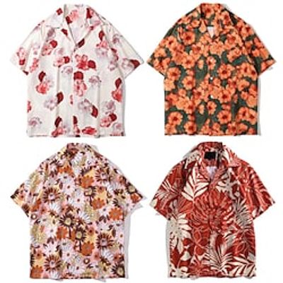 Men's Hawaiian Shirt Button Up Shirt Casual Shirt Beach shirt Graphic Prints FloralPlants Turndown Light Pink Black White Pink Wine Street Vacation Short Sleeve Clothing Apparel Tropical Hawaiian Lightinthebox