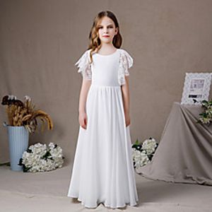 A-Line Floor Length Junior Bridesmaid Dress Party Chiffon Short Sleeve Jewel Neck with Pleats miniinthebox