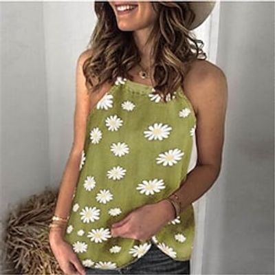 Women's Tank Top Camis Black Light Green Purple Daisy Print Sleeveless Daily Holiday Streetwear Casual Round Neck Regular Floral S miniinthebox