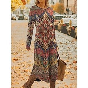 Women's Casual Dress Winter Dress Ethnic Dress Floral Paisley With Belt Print Crew Neck Midi Dress Vintage Ethnic Outdoor Daily Long Sleeve Loose Fit Wine Red Blue Fall Winter S M L XL XXL Lightinthebox