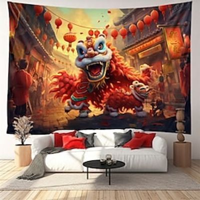 Chinese New Year Lion Dance Hanging Tapestry Wall Art Large Tapestry Mural Decor Photograph Backdrop Blanket Curtain Home Bedroom Living Room Decoration Lightinthebox