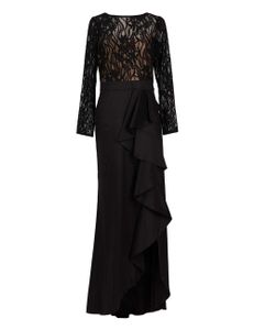 Lace Top Ruffled Taffeta Slit Gown