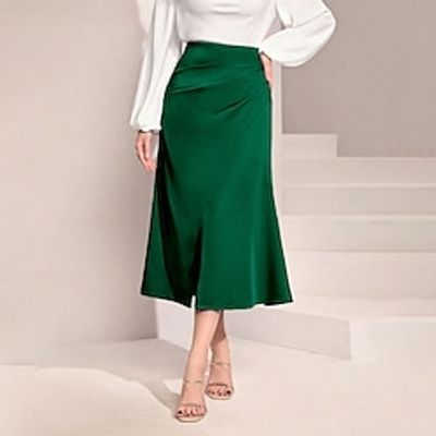 Women's Skirt A Line Midi Satin Polyester Black Dark Green Orange Beige Skirts Spring  Summer Ruched Split Ends Elegant Fashion Office  Career Street S M L Lightinthebox