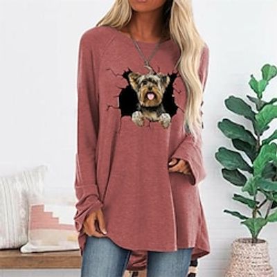 Women's T shirt Tee Blue Pink Gray Dog 3D Print Long Sleeve Daily Weekend Basic Round Neck Long Painting S Lightinthebox