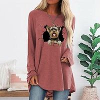 Women's T shirt Tee Blue Pink Gray Dog 3D Print Long Sleeve Daily Weekend Basic Round Neck Long Painting S Lightinthebox - thumbnail