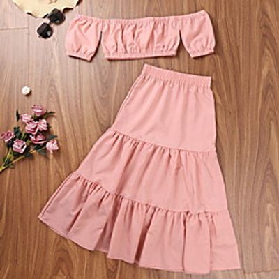 Kids Girls' Clothing Set 2 Pieces Short Sleeve Pink Solid Color Ruched Patchwork Indoor Outdoor Casual Daily Regular Maxi 4-12 Years miniinthebox