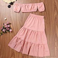 Kids Girls' Clothing Set 2 Pieces Short Sleeve Pink Solid Color Ruched Patchwork Indoor Outdoor Casual Daily Regular Maxi 4-12 Years miniinthebox - thumbnail