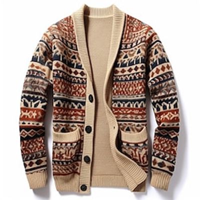 Tribal Bandana Print Retro Vintage Tribal Men's Button Knitting Print Cardigan Sweater Knitwear Cowichan cardigan sweater Outdoor Daily Vacation Long Sleeve V Neck Sweaters Dark Navy Green Beige Fall Lightinthebox