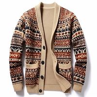 Tribal Bandana Print Retro Vintage Tribal Men's Button Knitting Print Cardigan Sweater Knitwear Cowichan cardigan sweater Outdoor Daily Vacation Long Sleeve V Neck Sweaters Dark Navy Green Beige Fall Lightinthebox - thumbnail