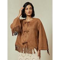 Suede Fringed Flare Cuff Sleeve Jacket - thumbnail