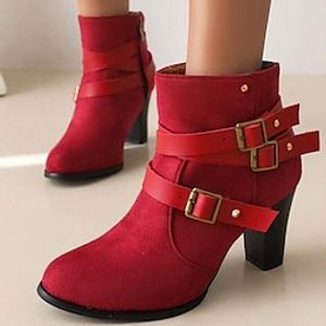 Women's Boots Xmas Shoes Plus Size Heel Boots Party Outdoor Christmas Fleece Lined Booties Ankle Boots Cone Heel Chunky Heel Round Toe Vintage Fashion Elegant Faux Suede Zipper Solid Color Black Red miniinthebox