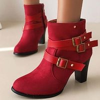 Women's Boots Xmas Shoes Plus Size Heel Boots Party Outdoor Christmas Fleece Lined Booties Ankle Boots Cone Heel Chunky Heel Round Toe Vintage Fashion Elegant Faux Suede Zipper Solid Color Black Red miniinthebox - thumbnail