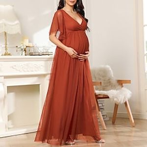 A-Line Evening Gown Maternity Dress Formal Evening Floor Length Short Sleeve V Neck Tulle with Pure Color 2023 miniinthebox