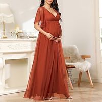 A-Line Evening Gown Maternity Dress Formal Evening Floor Length Short Sleeve V Neck Tulle with Pure Color 2023 miniinthebox - thumbnail