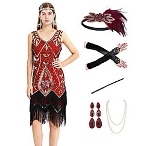 The Great Gatsby 1920s Vintage Vacation Dress Flapper Dress Outfits Masquerade Prom Dress Women's Tassel Fringe Costume Red Vintage Cosplay Party Prom / Gloves / Headwear / Necklace / Earrings miniinthebox