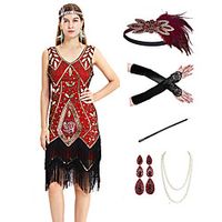 The Great Gatsby 1920s Vintage Vacation Dress Flapper Dress Outfits Masquerade Prom Dress Women's Tassel Fringe Costume Red Vintage Cosplay Party Prom / Gloves / Headwear / Necklace / Earrings miniinthebox - thumbnail