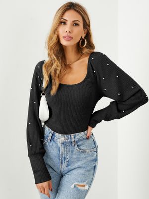 YOINS Handmade Beaded Details Square Neck Long Sleeves Ribbed Knitwear YOINS Handmade Beaded Details Square Neck Long Sleeves Ribbed Knitwear