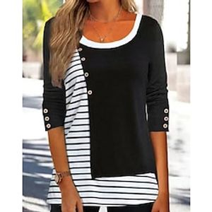 Women's Shirt Black Striped Button Print Long Sleeve Casual Weekend Streetwear Ethnic Round Neck Regular S miniinthebox