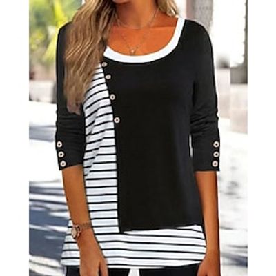 Women's Shirt Black Striped Button Print Long Sleeve Casual Weekend Streetwear Ethnic Round Neck Regular S miniinthebox