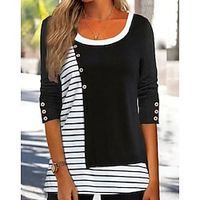 Women's Shirt Black Striped Button Print Long Sleeve Casual Weekend Streetwear Ethnic Round Neck Regular S miniinthebox - thumbnail