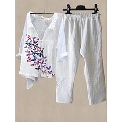 Women's Shirt Pants Sets Butterfly White Print Long Sleeve Outdoor Casual Sports Daily V Neck Regular Fit Spring   Fall Lightinthebox