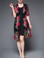 Vintage Solid Dress Embroidery Chiffon Cardigan Suits
