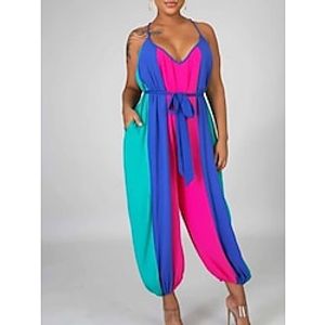 Women's Jumpsuit Lace up Backless Striped V Neck Holiday Street Going out Regular Fit Strap Yellow Blue S M L Summer miniinthebox