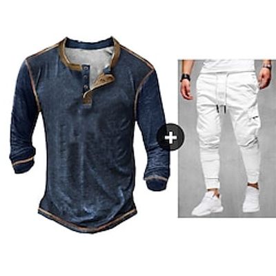 Men's Henley Shirt T-shirt Suits Cargo Pants Set Tracksuit Tennis Shirt Tees and Drawstring Long Pants Color Block Henley Daily Wear Vacation Long Sleeve Drawstring 2pcs Vintage Gymnatics Lightinthebox