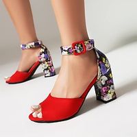 Women's Sandals Print Shoes Party Vacation Floral Block Heel Peep Toe Elegant Vacation Suede Ankle Strap Black Yellow Red Lightinthebox