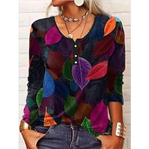 Women's T shirt Tee Rainbow Floral Patchwork Print Long Sleeve Casual Daily Basic Round Neck Regular Loose Fit S miniinthebox