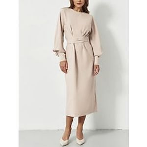 Women's Work Dress Shift Dress Formal Dress Midi Dress Creamy-white Black Light Brown Long Sleeve Pure Color Split Winter Fall Autumn Crew Neck Modern Winter Dress Fall Dress 2022 S M L Lightinthebox