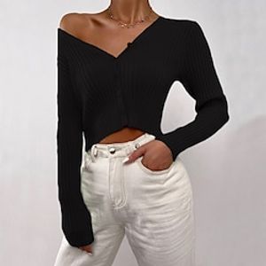 Women's Cardigan Sweater Jumper Ribbed Crochet Knit Knitted Pure Color V Neck Stylish Casual Daily Outdoor Fall Winter White Black S M L  Long Sleeve Lightinthebox