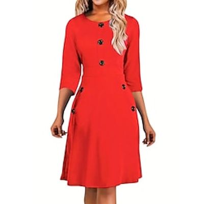 Women's Plus Size Curve Red Christmas Dress Casual Dress A Line Dress Solid Color Midi Dress 34 Length Sleeve Button Crew Neck Fashion Christmas Black Red Fall Winter L XL 2XL 3XL Lightinthebox
