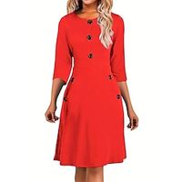 Women's Plus Size Curve Red Christmas Dress Casual Dress A Line Dress Solid Color Midi Dress 34 Length Sleeve Button Crew Neck Fashion Christmas Black Red Fall Winter L XL 2XL 3XL Lightinthebox - thumbnail